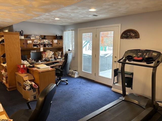 home office featuring recessed lighting, carpet, baseboards, and visible vents