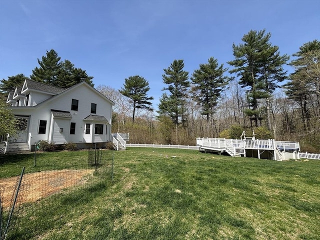 view of yard featuring a deck and fence