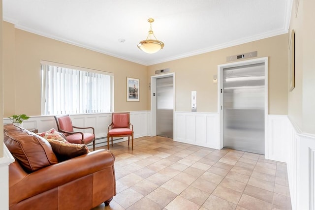 666 Main St Unit 206, Winchester, MA 01890 - living area featuring elevator, a decorative wall, ornamental molding, wainscoting, and a baseboard heating unit