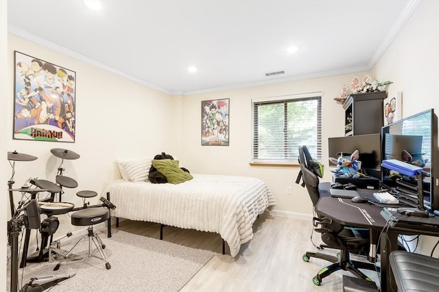 666 Main St Unit 206, Winchester, MA 01890 - bedroom with wood finished floors, baseboards, a desk, ornamental molding, and recessed lighting