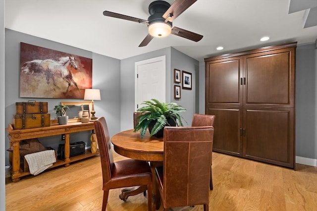 dining room with recessed lighting, baseboards, light wood-style flooring, and a ceiling fan