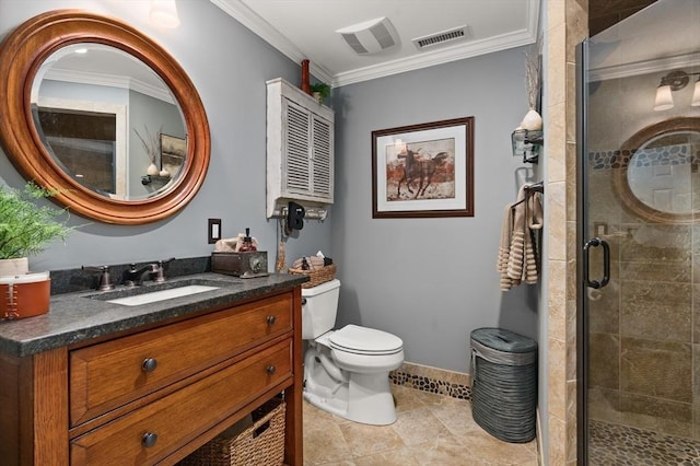 bathroom featuring toilet, a shower stall, crown molding, baseboards, and vanity