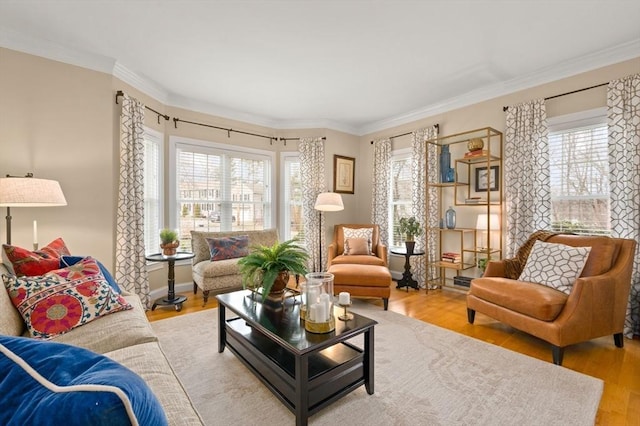 living area with ornamental molding, baseboards, and wood finished floors