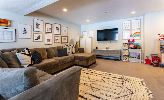 carpeted living area with recessed lighting