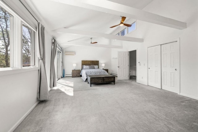 carpeted bedroom featuring an AC wall unit, beamed ceiling, baseboard heating, a closet, and baseboards