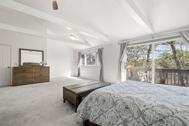 carpeted bedroom featuring access to outside and ceiling fan