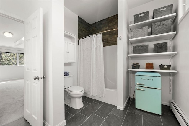 bathroom with baseboard heating, toilet, shower / bathtub combination with curtain, baseboards, and tile patterned floors