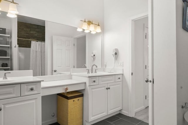 full bath featuring tile patterned flooring, two vanities, and a shower with shower curtain
