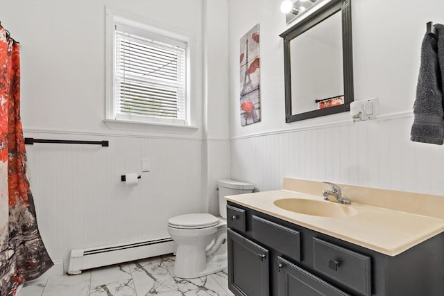 1185 Read St, Somerset, MA 02726 - bathroom with baseboard heating, marble finish flooring, wainscoting, toilet, and vanity