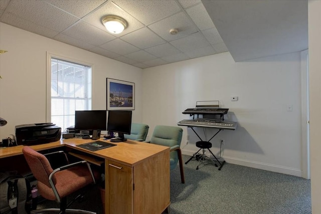 office space with a drop ceiling, baseboards, and carpet floors