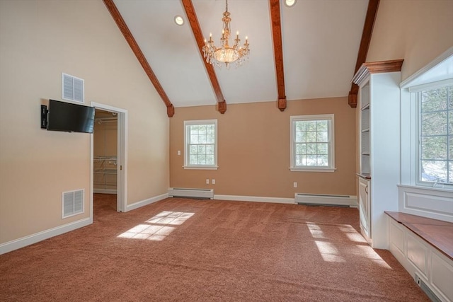 unfurnished living room featuring baseboard heating, a healthy amount of sunlight, high vaulted ceiling, and light carpet