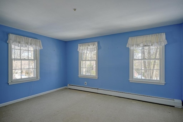 carpeted empty room with a baseboard radiator