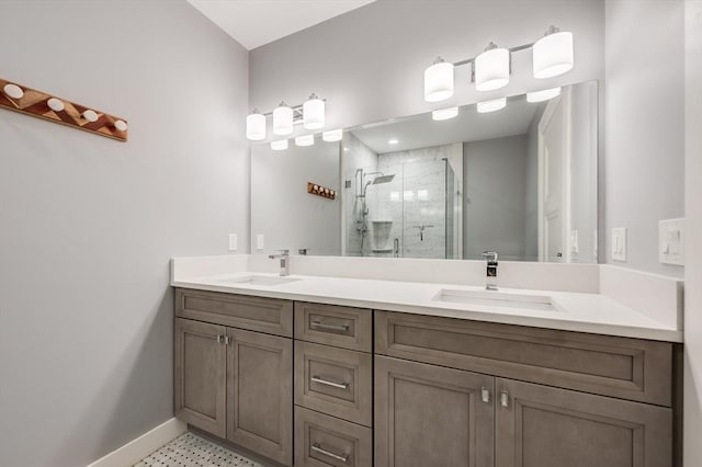 510 Dorchester Ave Unit 2R, Boston, MA 02127 - bathroom with a shower stall, double vanity, and baseboards