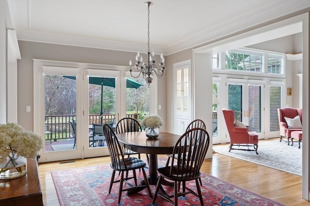 dining room featuring a chandelier, a healthy amount of sunlight, and french doors