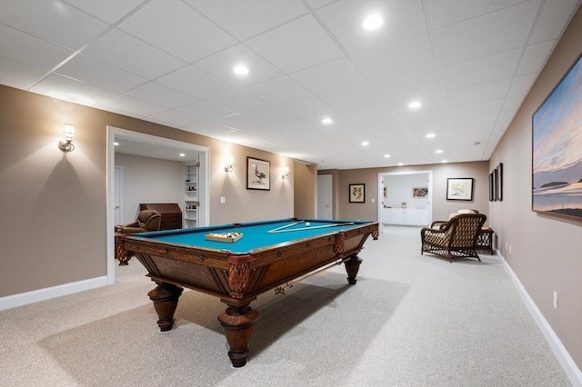 playroom with carpet, pool table, baseboards, and a drop ceiling