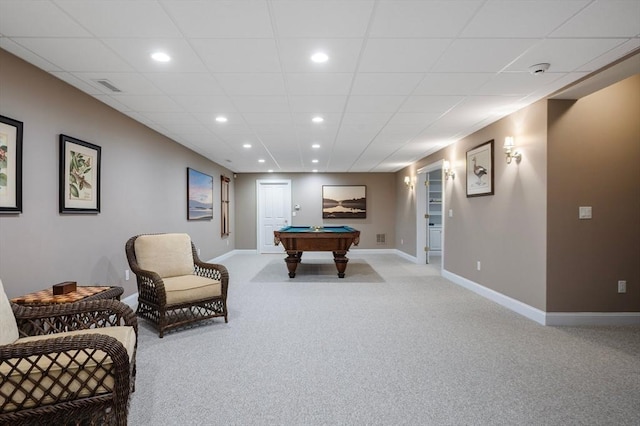 rec room with light carpet, visible vents, and recessed lighting