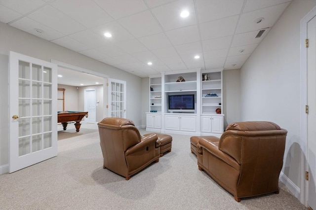 living room featuring recessed lighting, carpet, pool table, and french doors