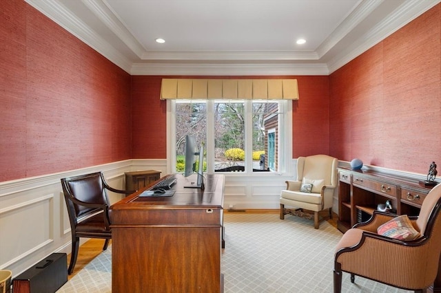 office featuring recessed lighting, wallpapered walls, a wainscoted wall, and crown molding