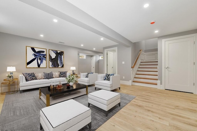 132 Hillside Ave Unit 132, Needham, MA 02494 - living room featuring stairway, light wood-style flooring, and recessed lighting