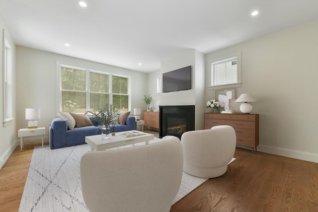 132 Hillside Ave Unit 132, Needham, MA 02494 - living area with a glass covered fireplace, light wood-type flooring, and recessed lighting