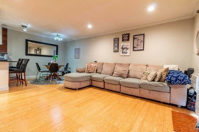 living room with crown molding and light hardwood / wood-style floors