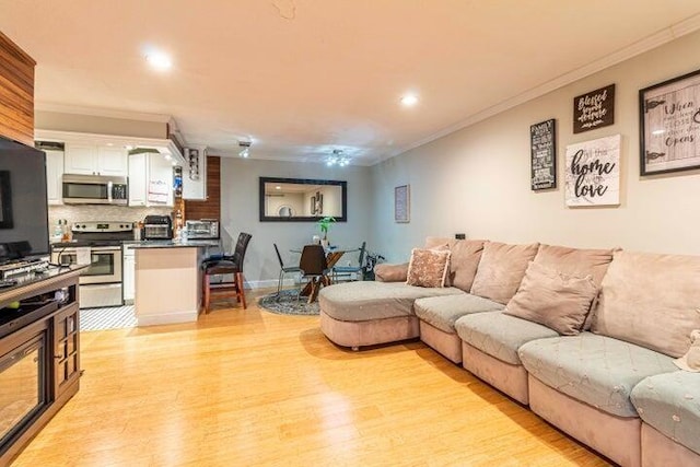 living room featuring crown molding and light hardwood / wood-style flooring