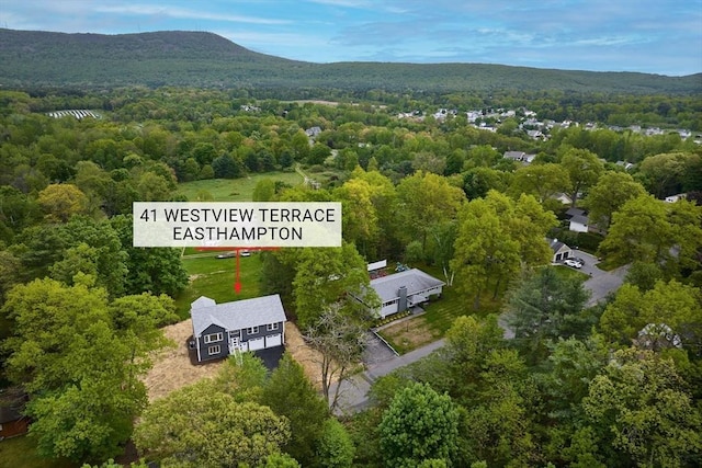 drone / aerial view of a heavily wooded area and a mountain backdrop