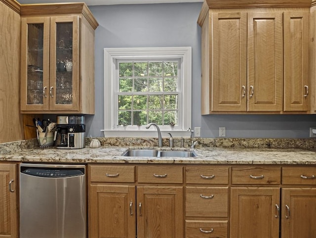 455 Brockelman Rd, Lancaster, MA 01523 - kitchen featuring dishwasher, glass insert cabinets, light stone counters, and brown cabinetry