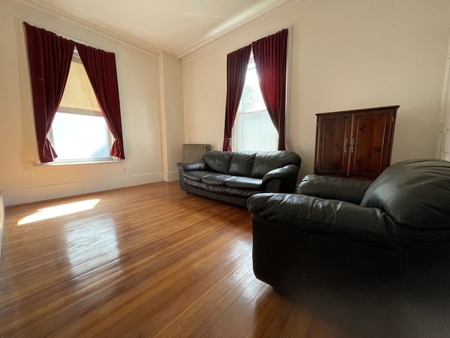 living room featuring a wealth of natural light, hardwood / wood-style floors, and crown molding