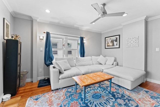 92 Winthrop Shore Dr Unit 2, Winthrop, MA 02152 - living room with light wood finished floors, ornamental molding, recessed lighting, baseboards, and ceiling fan