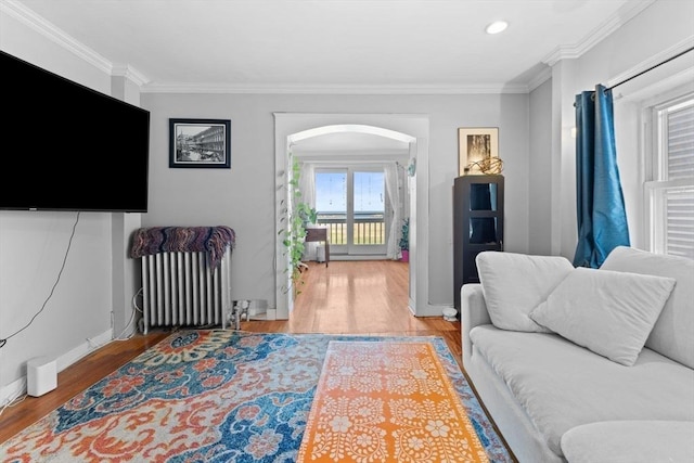92 Winthrop Shore Dr Unit 2, Winthrop, MA 02152 - living room featuring arched walkways, crown molding, wood finished floors, radiator, and baseboards