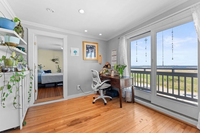 92 Winthrop Shore Dr Unit 2, Winthrop, MA 02152 - office area with light wood-style flooring, ornamental molding, recessed lighting, and baseboards
