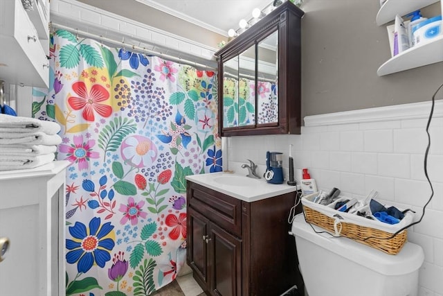 92 Winthrop Shore Dr Unit 2, Winthrop, MA 02152 - bathroom featuring vanity, crown molding, a shower with curtain, toilet, and tile walls