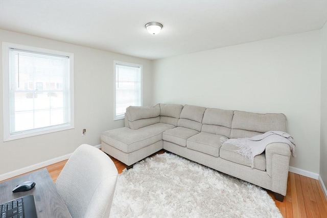 living area with baseboards and wood finished floors