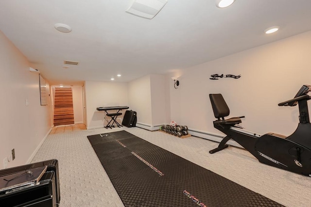 workout room with carpet, baseboards, baseboard heating, and recessed lighting