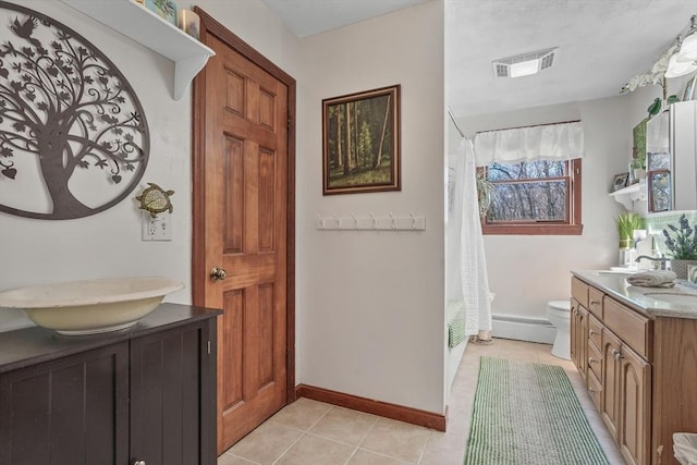 bathroom featuring visible vents, toilet, a shower with shower curtain, baseboard heating, and vanity