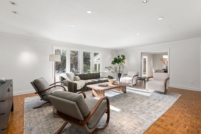 living room with light parquet floors and ornamental molding