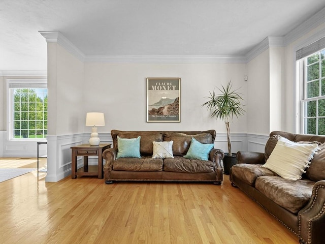 living room featuring a wainscoted wall, ornamental molding, and wood finished floors