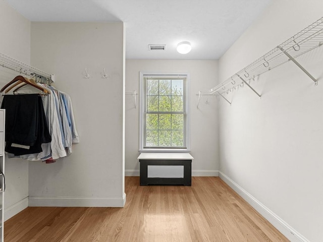 spacious closet with visible vents and light wood-style flooring
