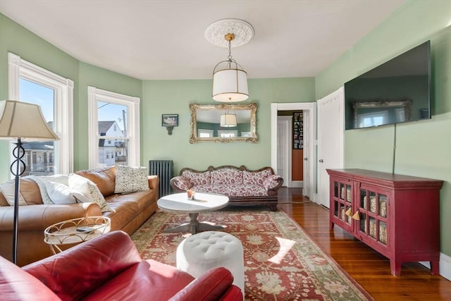 living room featuring radiator and dark hardwood / wood-style floors