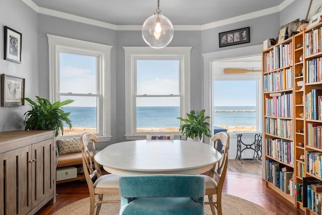 dining area with a healthy amount of sunlight, a water view, and crown molding