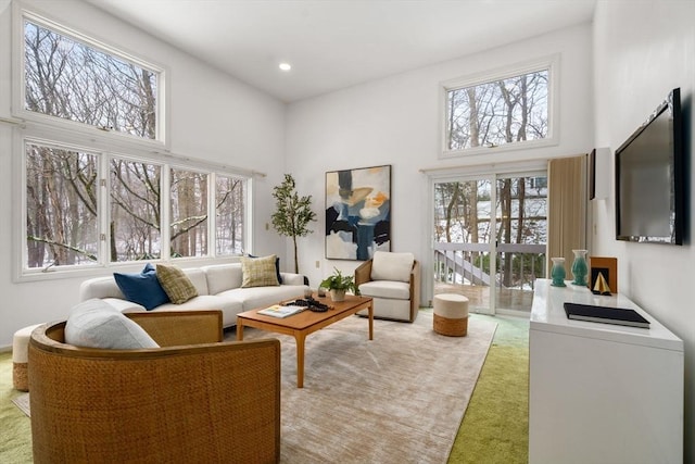 living room with light colored carpet and a towering ceiling