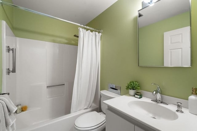 full bathroom featuring vanity, shower / tub combo with curtain, and toilet