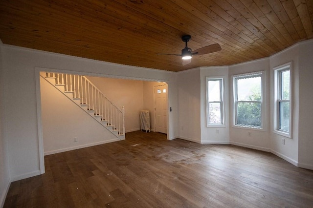 23 Highland St, Townsend, MA 01469 - unfurnished living room with wood ceiling, stairway, ceiling fan, wood finished floors, and baseboards