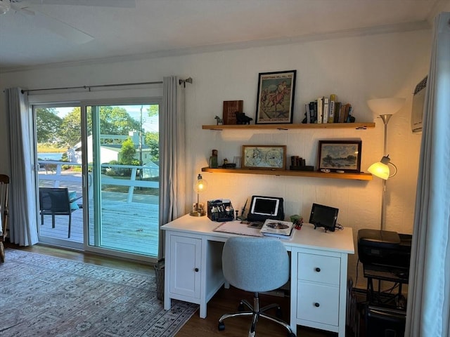 64 Edgewater Dr, Wareham, MA 02571 - office with dark wood-type flooring, ornamental molding, ceiling fan, and built in desk