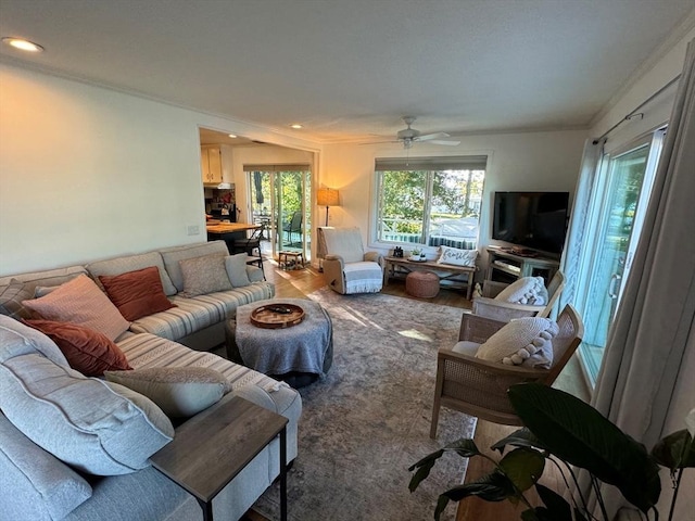 64 Edgewater Dr, Wareham, MA 02571 - living room featuring recessed lighting, ornamental molding, and ceiling fan