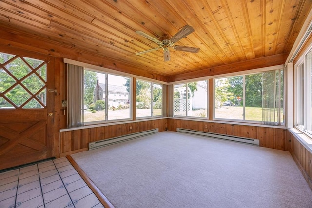 4 Cypress Rd, Natick, MA 01760 - unfurnished sunroom featuring a baseboard radiator, wood ceiling, wooden walls, and tile patterned floors