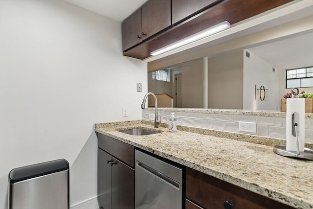 35 Nonantum St Unit E, Boston, MA 02135 - kitchen featuring a sink, dishwasher, dark brown cabinetry, and light stone counters