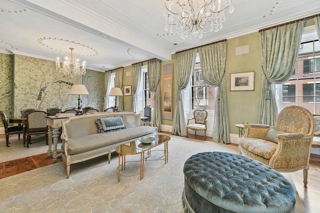 living room featuring an inviting chandelier, a wealth of natural light, and beamed ceiling