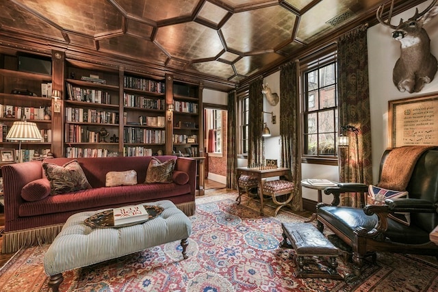 sitting room featuring crown molding, coffered ceiling, wooden ceiling, and dark hardwood / wood-style flooring